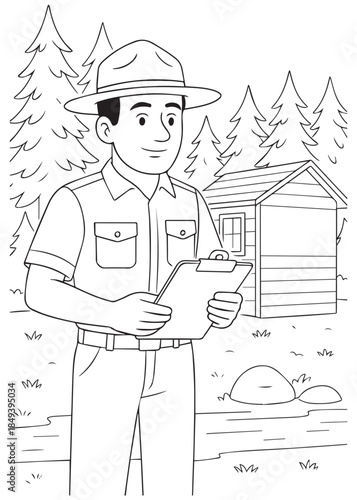 coloring book Forest Ranger Dad holding clipboard inspecting forest cabin area