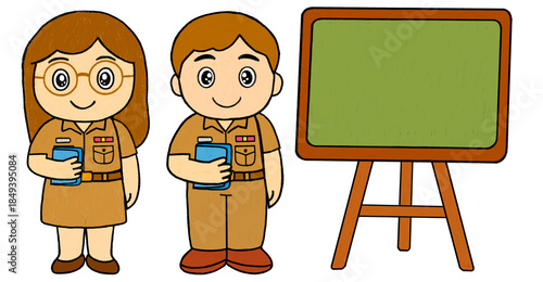 Cute cartoon illustration of male and female Thai teachers in uniform teaching beside a green blackboard, suitable for education, classroom, and school design use.