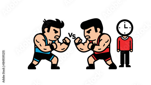 Cartoon Wrestling Match with Referee Illustration
