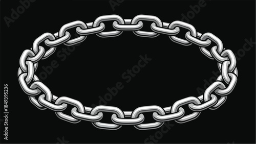 Strong metal chain forming an oval shape on a dark background.