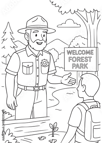 coloring book Forest Ranger Dad welcoming visitor near welcome forest park sign and guiding about nature safety rules