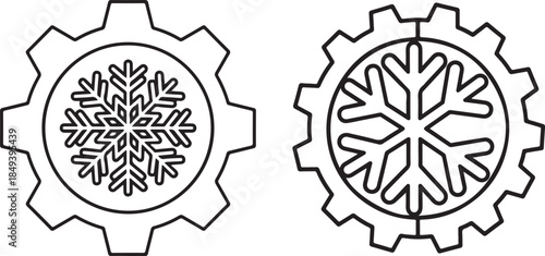 A minimalist black and white line art vector featuring two mechanical gears, each containing a unique snowflake design. Represents winter engineering, cooling systems, and seasonal industry.