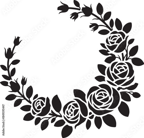Black silhouette floral wreath with roses and buds