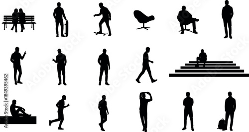 flavector human silhouette set – diverse poses and props including skateboard, backpack, chair, and gestures
