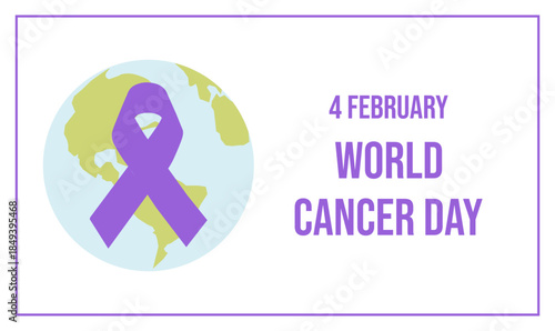 World Cancer Day banner with a world map and purple ribbon