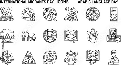 International Migrants Day and Arabic Language Day Line Art Icons Set. Collection of Outline Symbols for Migration, Culture, Language, Education, and Global Communication.