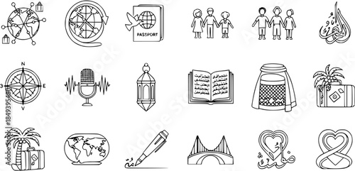 Arabic Culture and Global Travel Line Icons Set. Vector illustrations of Middle Eastern traditions, family, communication, navigation, love, and world journey concepts.