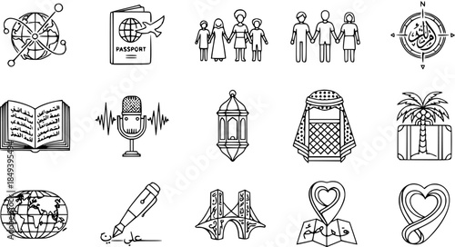 Diverse vector line art icon set with global travel, Arabic culture, family, education, and communication themes. Includes passport, globe, book, microphone, lantern, and heart.