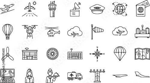 Aviation Icons Set: Airplanes, Helicopters, Drones, Airport, Travel Symbols