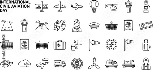 International Civil Aviation Day Icons: Airplanes, Airports, Travel  Aviation Symbols