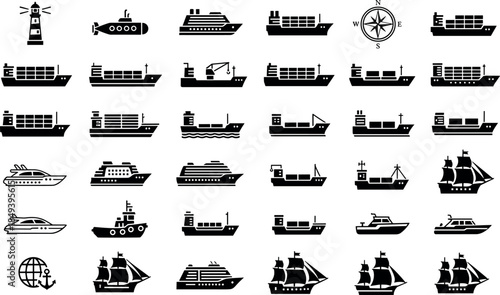 flavector maritime silhouette set – ships, boats, and nautical symbols for oceanic and navigation themes