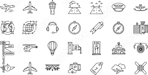 Diverse Collection of Aviation and Travel Icons for Digital Design and Concepts