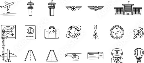 Aviation and Travel Icons: Airplanes, Airport, Passport, Luggage, Compass, Helicopter, Hot Air Balloon