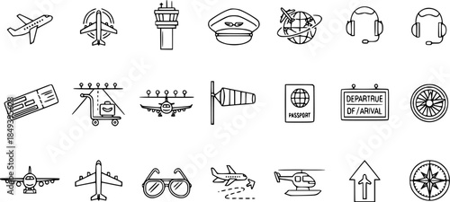 Airport and Aviation Line Icons Set. Contains airplane, pilot, control tower, passport, baggage, flight, navigation, and travel outline symbols.