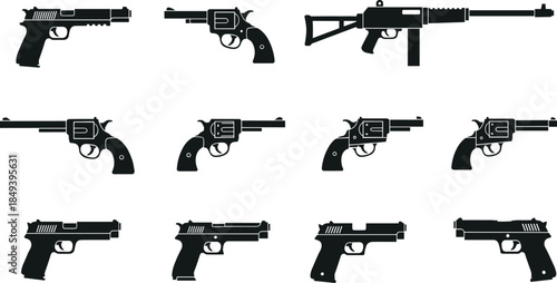 flavector firearm silhouette set – diverse handgun and submachine gun icons with barrel and grip styles