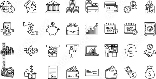 Hand drawn financial and banking line icons set, doodle money economy investment business symbols