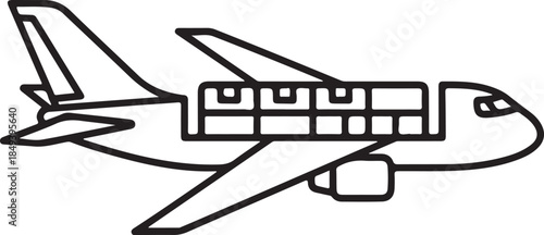 A minimalist black and white line art vector of a cargo airplane carrying multiple parcel boxes. Represents air freight, international shipping, logistics, and fast global delivery services.