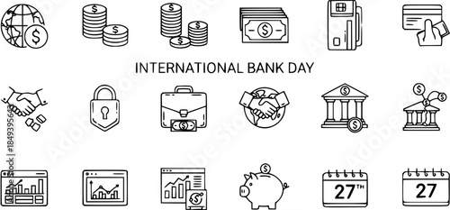 International Bank Day Line Icons Set with Global Finance, Money, Security, Investment, and Banking Symbols