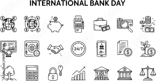 International Bank Day Icons: Set of Outline Banking, Finance, and Money Related Vector Illustrations