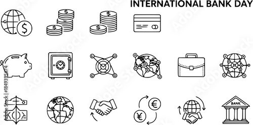 International Bank Day Icons: Finance, Global Business, and Banking Symbols