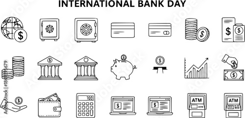 International Bank Day Icons Set: Banking, Finance, Money, Payments, Online Services  Investment Line Art Symbols