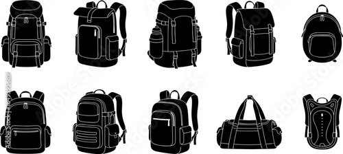 flavector backpack and bag silhouette set – diverse travel and utility designs with compartments and straps