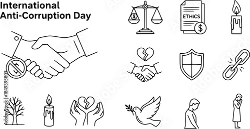 International Anti-Corruption Day line art icons set with symbols of justice, ethics, money, broken heart, shield, peace, and prevention of bribery for social awareness.