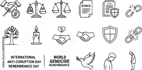 International Anti-Corruption Day and World Genocide Remembrance Day icons: justice, ethics, peace, and human rights symbols