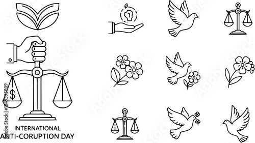 International Anti-Corruption Day and Justice line art icon set with peace doves, scales, and global ethics symbols