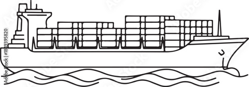 Simple black and white line art vector of a massive container ship carrying stacked cargo across ocean waves, representing international maritime trade and global freight shipping.