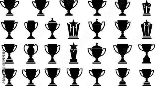 Black trophy silhouette icon set, award cups prizes achievements winners collection isolated on white background vector illustration