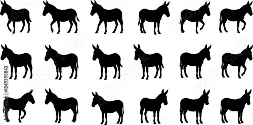 Black donkey silhouette icon set, farm animal poses rural livestock collection isolated on white background vector illustration