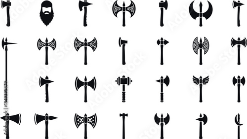 Black fantasy axe silhouette icon set, medieval viking battle weapons collection isolated on white background vector illustration
