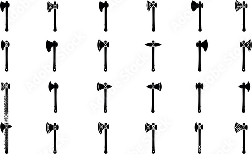 Black axe silhouette icon set, medieval battle axes tools weapons collection isolated on white background vector illustration