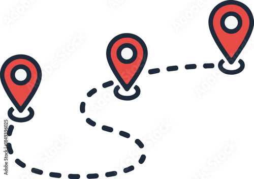 A clean vector illustration showing a dotted path connecting three red map location pins, representing route planning, multi-stop tracking, or a travel journey.