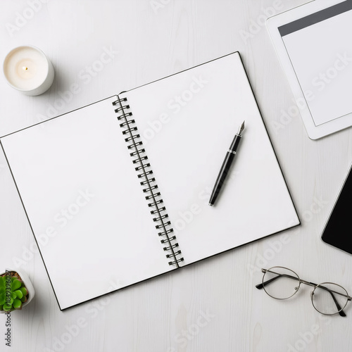 open notebook with pen and tablet on bright desk