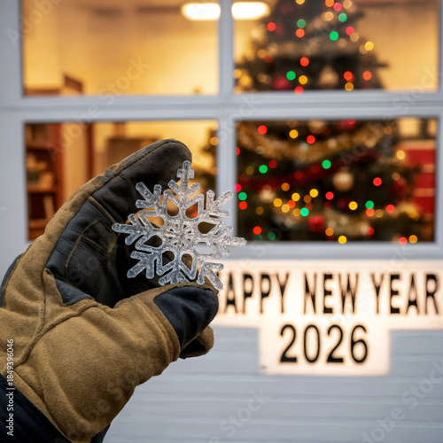 builder hand in glove against festive city background