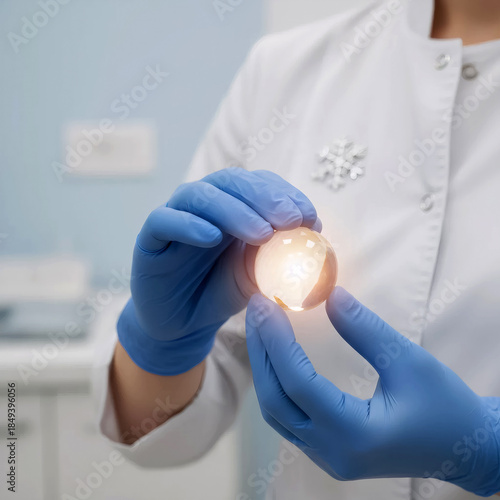 doctor in a white coat and blue gloves holding a glowing sphere with a medical emblem
