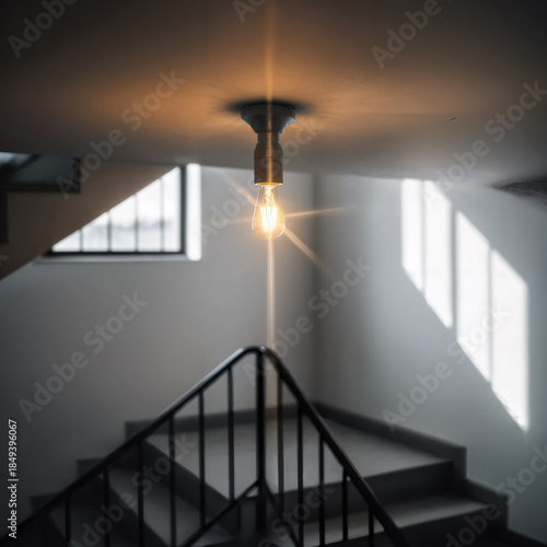 lonely light bulb shines on the ceiling in a minimalist entrance with stairs and shadows