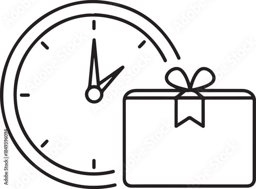 Minimalist vector line art featuring a clock and a wrapped gift box with a bow, symbolizing timely delivery of presents, special occasion shipping, or scheduled surprises.