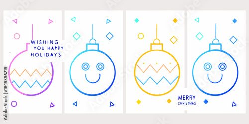 Festive holiday card designs featuring cute ornaments and cheerful messages