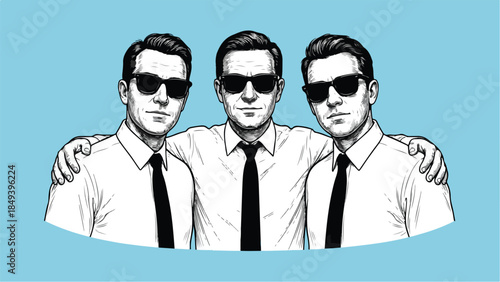 Three Men in Suits and Sunglasses Standing Together.