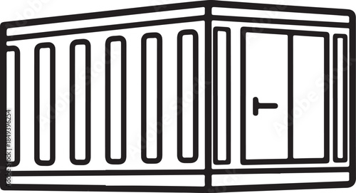 Black and white line art vector of an industrial shipping container or portable storage unit featuring corrugated siding and a front double door.