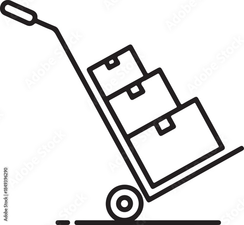 Minimalist black and white vector illustration of a hand truck loaded with three stacked boxes, representing moving, shipping, delivery, and logistics services.
