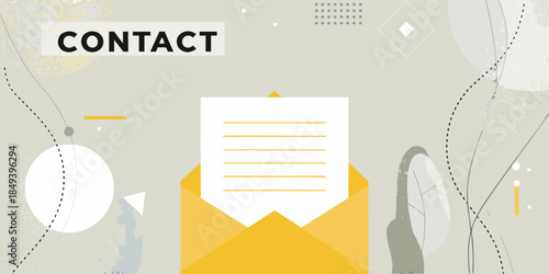 Contact information design with envelope notepad and abstract shapes