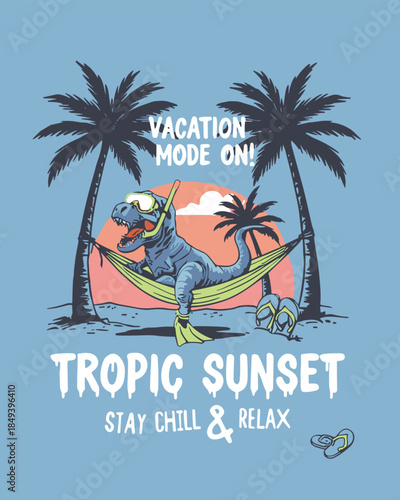 Vacation mode on vector design featuring a dinosaur in a hammock between palm trees enjoying a tropical sunset, perfect for summer-themed projects and relaxation