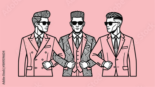 Three stylish men in suits and sunglasses standing together.