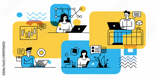 Modern workspace depicting collaborative technology and people working remotely