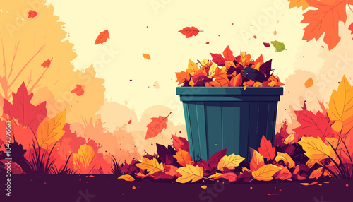 A vibrant autumn scene with a green bin overflowing with colorful fallen leaves, surrounded by more scattered foliage and trees in warm hues.