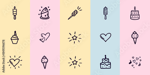 A collection of hand drawn dessert and celebratory icons in pastel shades